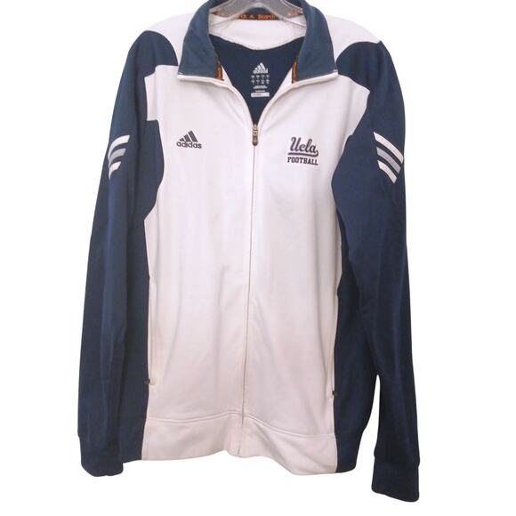 Y2K 2010 Adidas UCLA Footbal Track Scorch Jacket Sz L White Blue Full Zip Logo - Picture 1 of 16